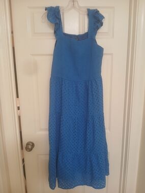 Blue Eyelet Tiered Maxi Dress with Ruffled Straps